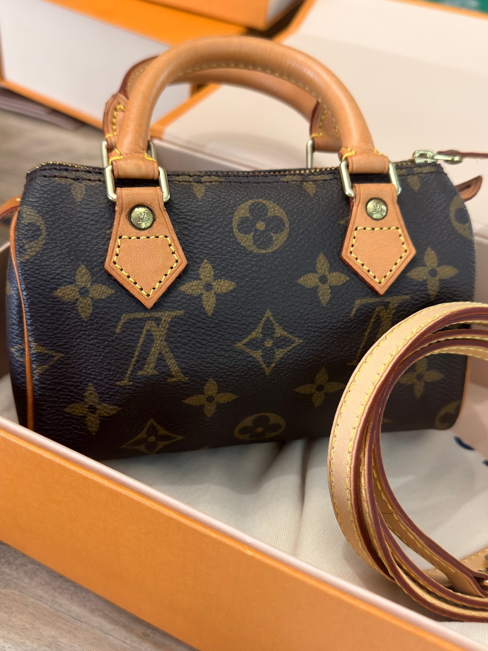 Louis Vuitton Brown Monogram NANO Speedy with Tan Leather